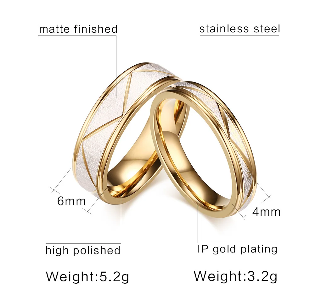 Unique Couple Wedding Rings for Lover Gold Tone Matte Finish Stainless Steel Geometric Alliance Valentine's Day Gifts