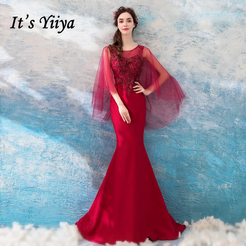 

It's YiiYa Wine Red Evening Dresses Mermaid Bling Sequins Sleevless Party Formal Dress Trumpet Wrap O-neck Illusion Zipper LX822