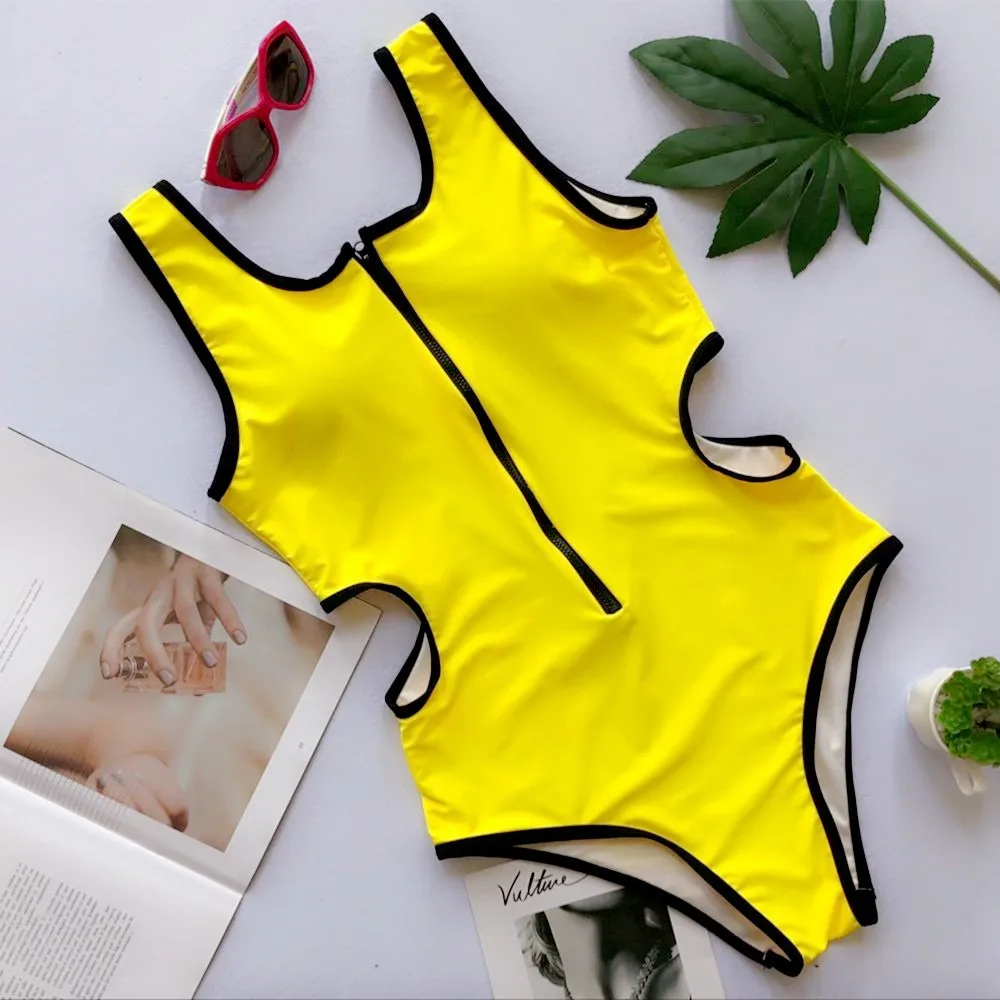 Cheap Price Zipper Bodysuits Onepieces Sexy Swimsuit Solid Swimwear