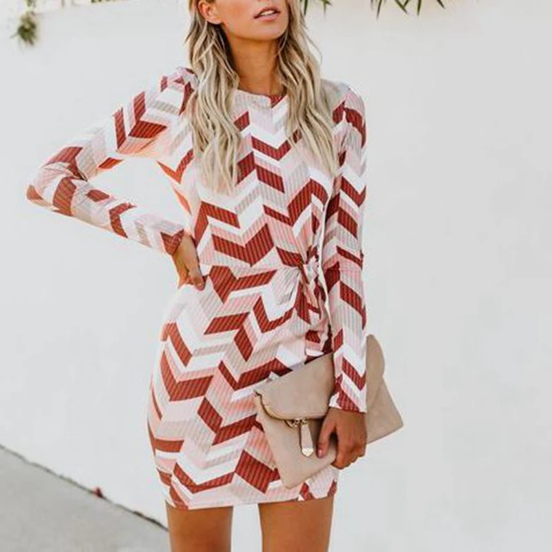 Fall Clothing For Women Bodycon Mini Dress Geometric Print Long Sleeve O Neck Sexy Tunic Draped Dresses Vestidos Slim Party Wear | Женская