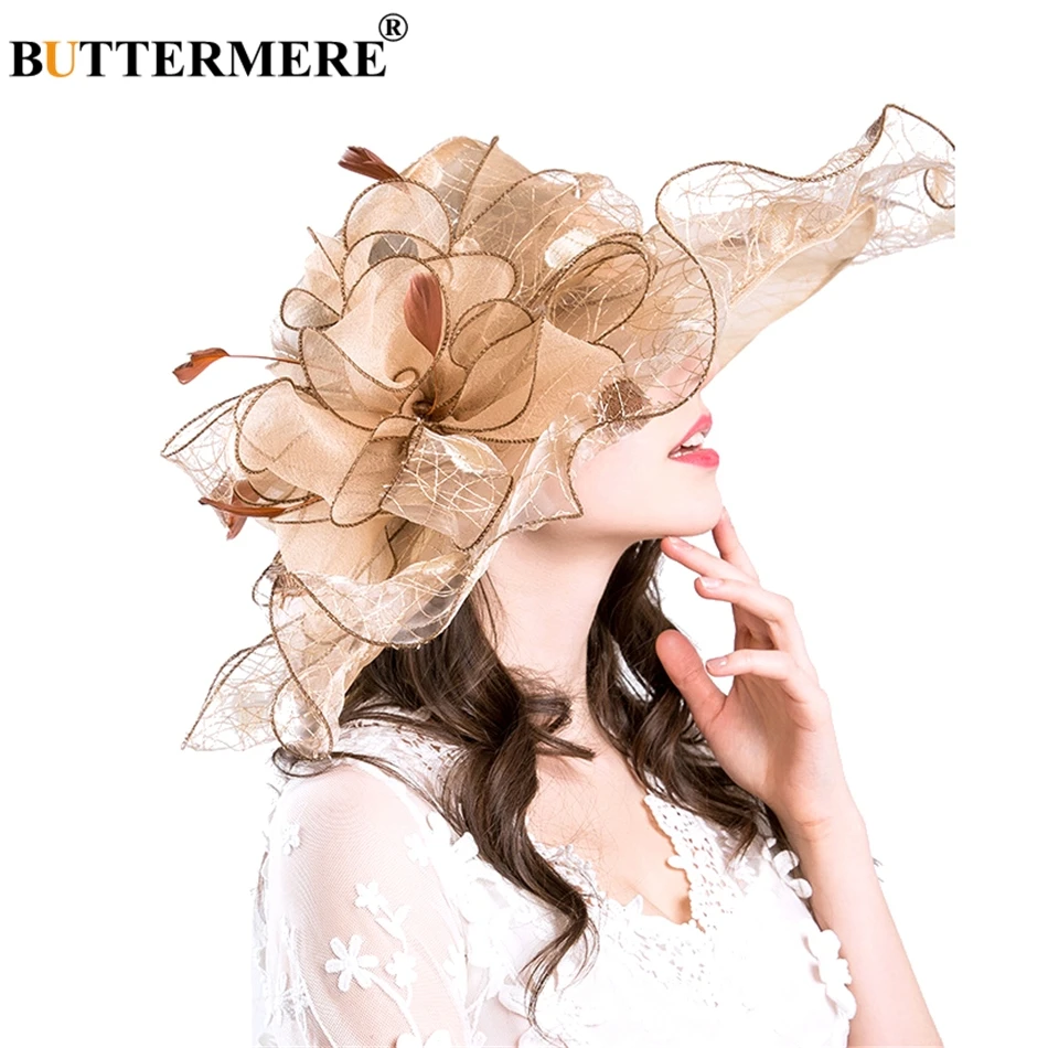 

BUTTERMERE Women Sun Hat Organza Big Flower Beige Ladies Church Hats Wedding Elegant Lady Wide Brim Female Sun Caps Summer 2019