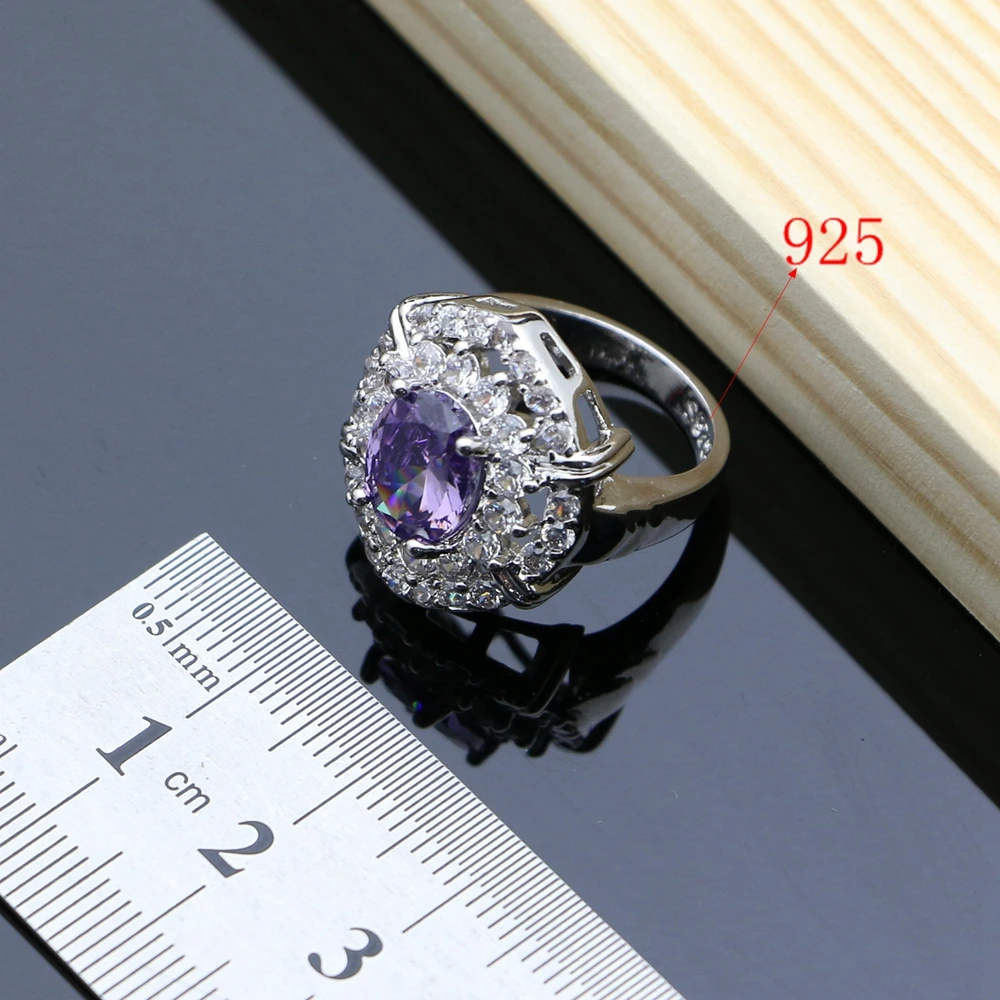 Classic Purple Cubic Zirconia White Crystal 925 Sterling Silver Jewelry Sets For Women EarringsPendantNecklaceRingsBracelet (5)