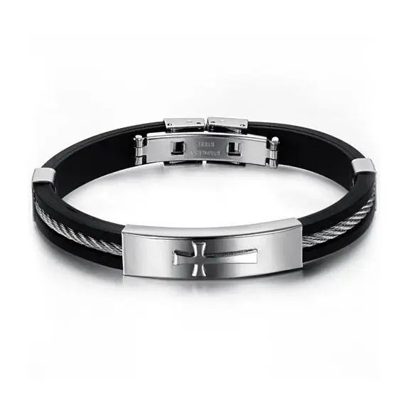 3Strands Fashion Cross Stainless Steel Bracelets for Men With Silicone