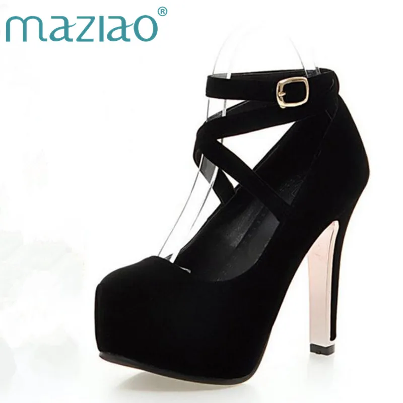 

MAZIAO high heels Ultra platform Pumps women Buckle Ladies shoes Spring summer cross-tied Fashion Sexy Flock Black Blue Red