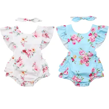 

Newborn Infant Baby Girls Floral Jumpsuit+Headband 2pcs Ruffles Short Sleeve Bodysuit Clothes Outfits Set
