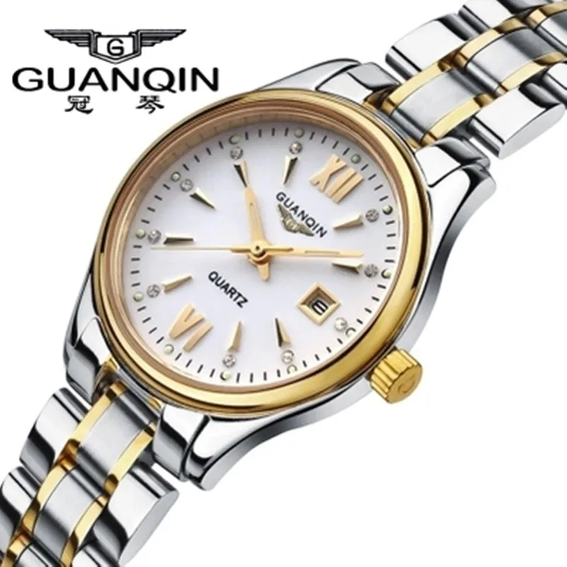 Роскошные брендовые оригинальные часы GUANQIN женские модные роскошные часы GUANQIN кварцевые часы водонепроницаемые женские наручные часы - Цвет: gold white