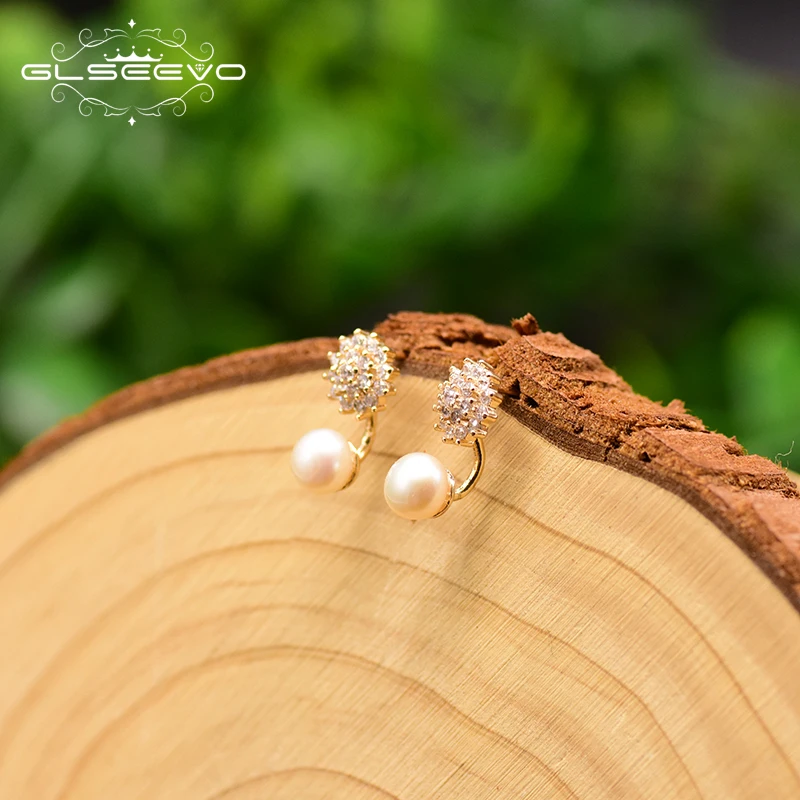 

GLSEEVO 925 Sterling Silver Stud Earrings For Women Pave Zircon Natural Pearl Earrings Birthday Gift Jewellery Kolczyki GE0807