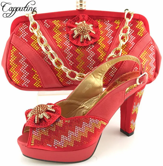 Capputine Latest African Woman Red Color font b Shoes b font And Matching Bags Set Italian