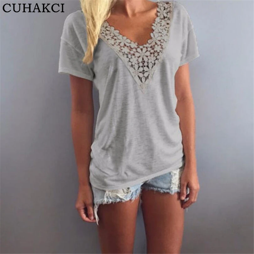 

CUHAKCI Women Summer Cotton T-shirt Casual Lady Top Tees White Tshirt Female Hot Sale Lace Top Tee Woman Plus Size T Shirt S-5XL