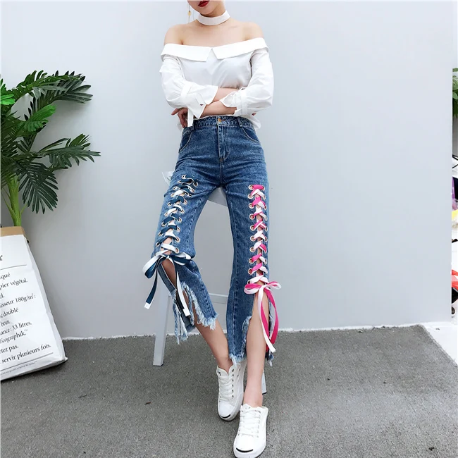 WHITNEY WANG Весенняя мода уличная многоцветная лента шнуровка Джинсы женские винтажные женские джинсы плюс размер джинсы femme