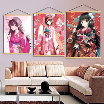 

Modern Wall Art Canvas Picture Animation Kimono Girl Poster Wooden Scroll Hanging Painting Print Home Decoration for Living Room