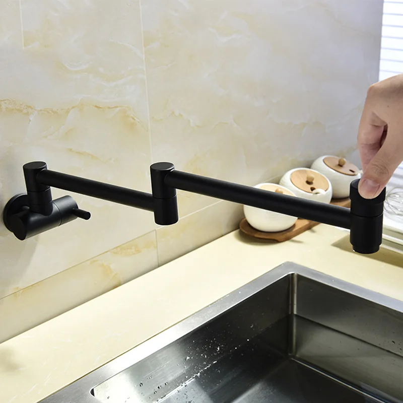 

Full copper wall mounted black single cooling faucet kitchen sink faucet, folding faucet, universal swivel faucet