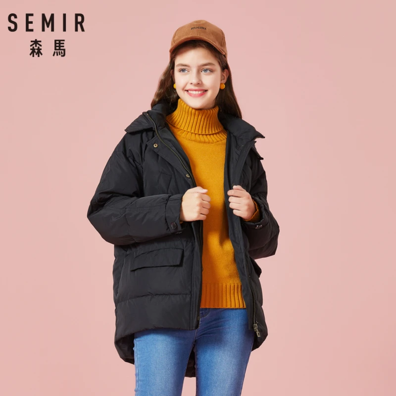 SEMIR, женский длинный пуховик с капюшоном, с карманом, на молнии, с застежкой-защелкой, с подкладкой, с воротником-стойкой, стеганая куртка с капюшоном на подкладке