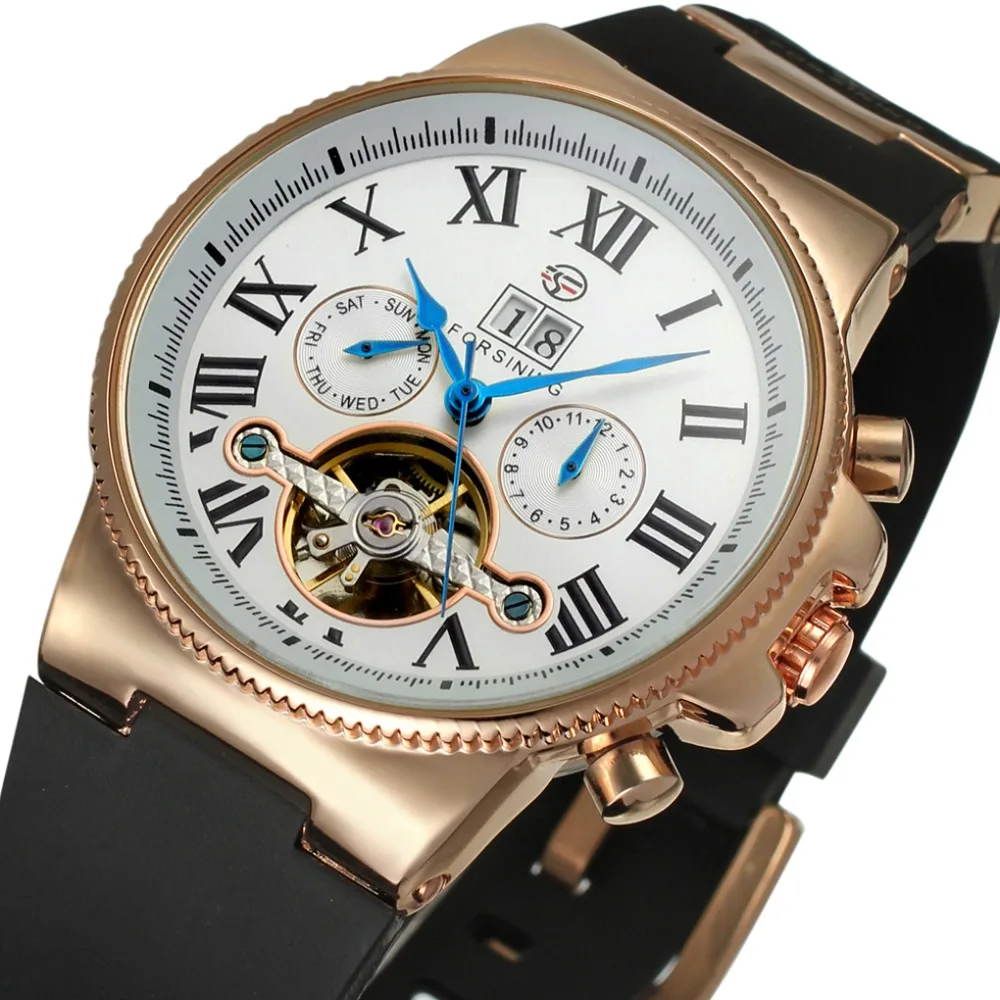 Forsining Tourbillon автоматические механические часы силиконовый ремешок чехол из розового золота римские цифры дисплей мужские часы relogio masculino