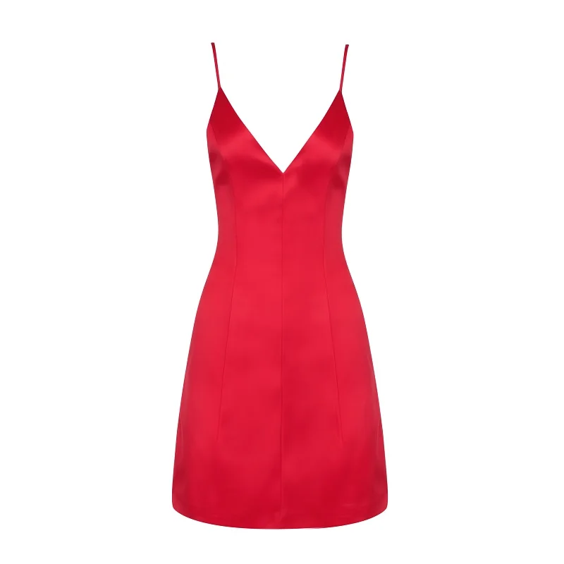 

2019 Red Black Fashion A-Line Satin Dresses Summer Women Sexy V-Neck Spaghetti Strap Solid Celebrity Mini Party Vestido Club