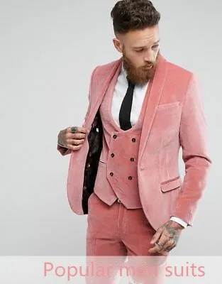 Custom Made 3 Piece Fashion Winter Groom Wedding Dress Slim Fit PINK Velvet Men's Tuxedo Suit For Prom Party Jacket+Vest+Pants