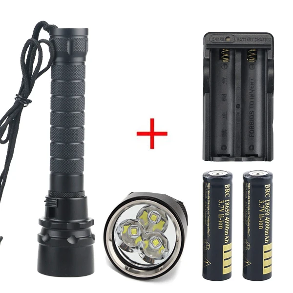 

6000Lm 100m Diving 3x CREE XM-L XML U2 LED Flashlight Scuba Torch Waterproof Light & 2x18650 4000MAH Battery + Charger