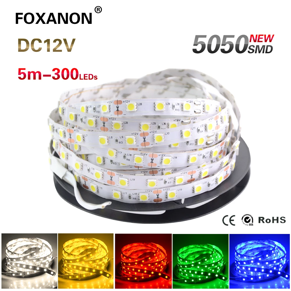 СВЕТОДИОДНАЯ лента SMD 5050 RGB, 12 В постоянного тока, гибкая, декоративная, водонепроницаемая, светодиодный, RGB/белый/теплый белый/синий/зеленый/красный