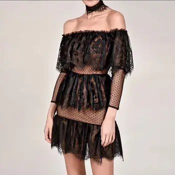 

2018 New Model Chic White Black Lace Dress Fashion Women Off Shoulder Short Sleeve Summer Bodycon Evening Party Dresses Vestidos