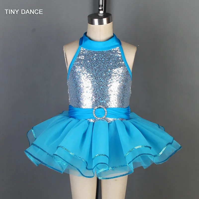 Halter Neck Silver Sequin Bodice with Layers of Blue Soft Tulle Tutu Kids Dance Show Costumes