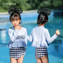 AONIHUA/купальник из двух предметов, изысканный топ с длинными рукавами для девочек, клетчатые шорты для плавания для детей, для девочек от 2 до 12 лет
