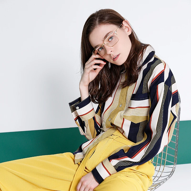 Koop Toyouth Hit Kleur Vrouwen Werkkleding Chiffon Shirts Casual Turn Down Kraag Lange Mouw Blouses Losse Gestreepte Shirts