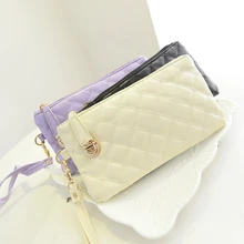 Korean version retro diamond lattice clutch 2017 summer new woman thread decorate zipper lock Solid color soft leather women bag