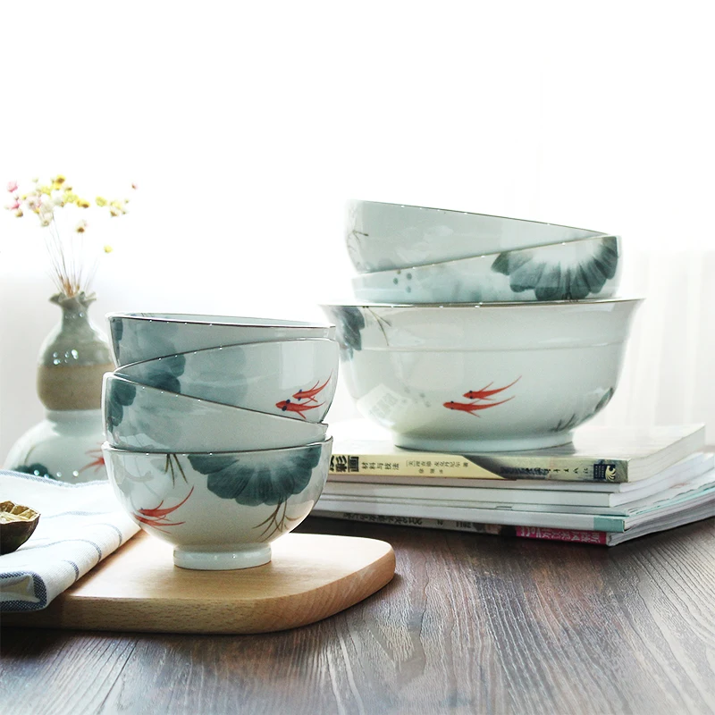 

Vintage Chinese ceramic under glazed rice soup bowl Hand painted ceramic dinner deep dish porcelain ramen noodle bowl