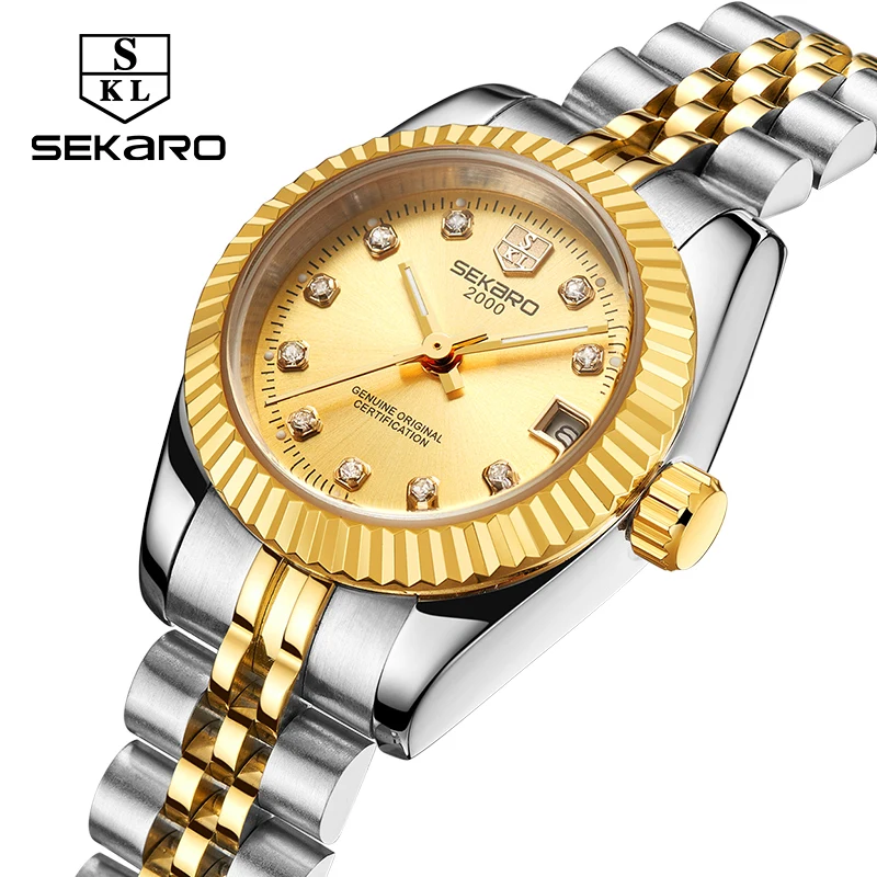 

SEKARO 2019 Watch Mechanical Women's Waterproof Calendar Ladies Golden Watch Women's Stainless Steel Fashion Clock Montre Femme