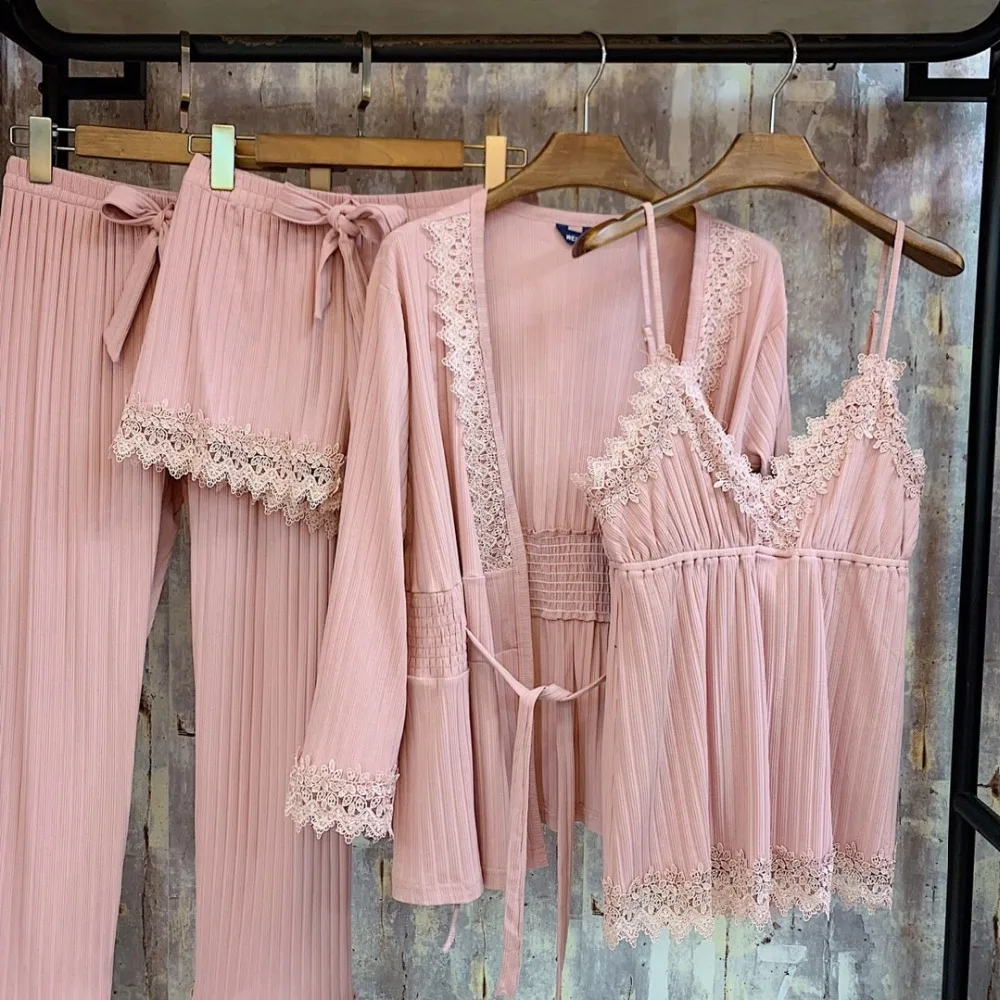 

Pyjama Femme Long Sleeve Pijama For Women Sleepwear Set Cotton Home Clothes Pajamas Sets Sexy Lace Robe Pajamas
