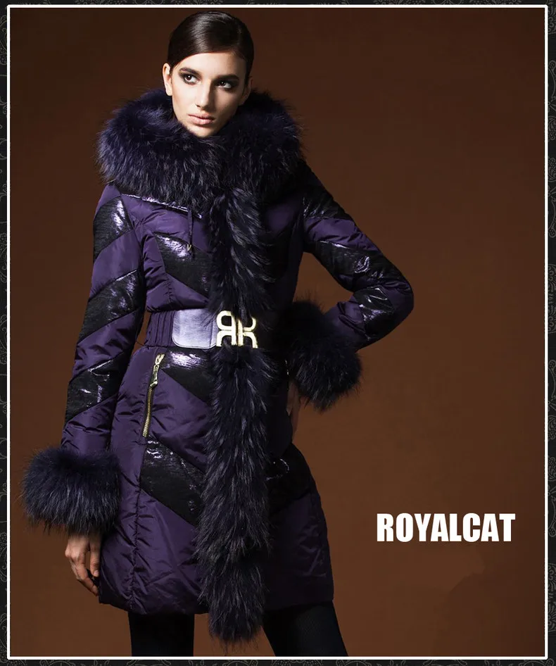 Зимняя куртка с меховым воротником, женские пуховики, женское пуховое пальто Royalcat, приталенное пуховое пальто с кружевом, фиолетовая пуховая верхняя одежда с капюшоном