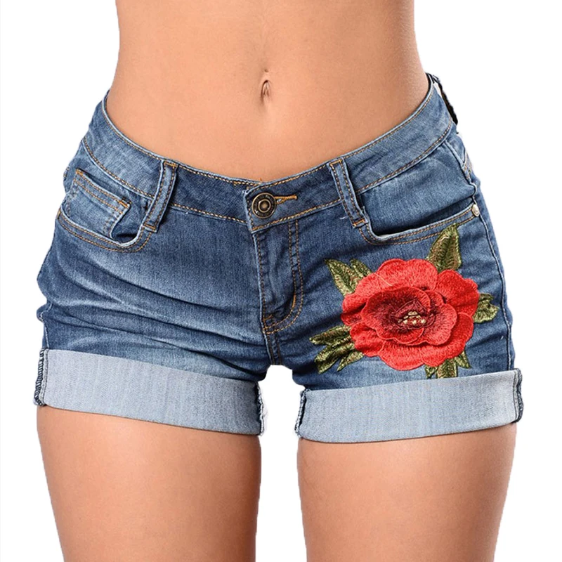 

Summer Woman's Curl Embroidered Denim Shorts Gloria Jeans for Women Pants Breeches Overalls Vintage Female Torn Trousers