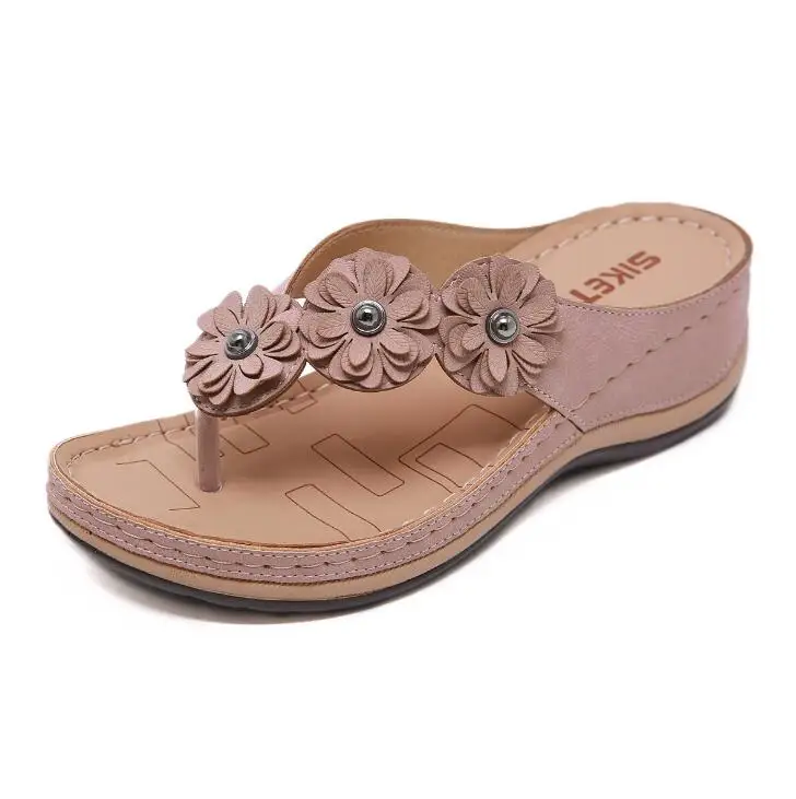 Тапочки на платформе; женские сандалии без застежки; вьетнамки на плоской подошве с цветочным принтом; летние ползунки; эспадрильи; обувь; Chanclas De Mujer; c8 - Цвет: Розовый