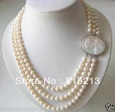 

FREE SHIPPING>@@> N1106 Genuine 3 Rows 7-8MM Freshwater pearl Necklace Cameo Clasp