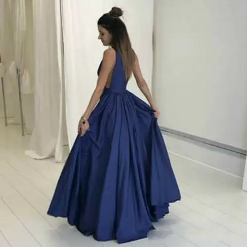 Deep V-Neck Navy Blue Prom Dress Party Evening Gown Wedding Guest Formal Custom