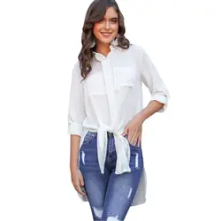 2018 Для женщин нагрудные с длинным рукавом кнопки вниз рубашка Дамы Повседневное одноцветное Цвет Roll-up рукавом карманы с боковыми длинная