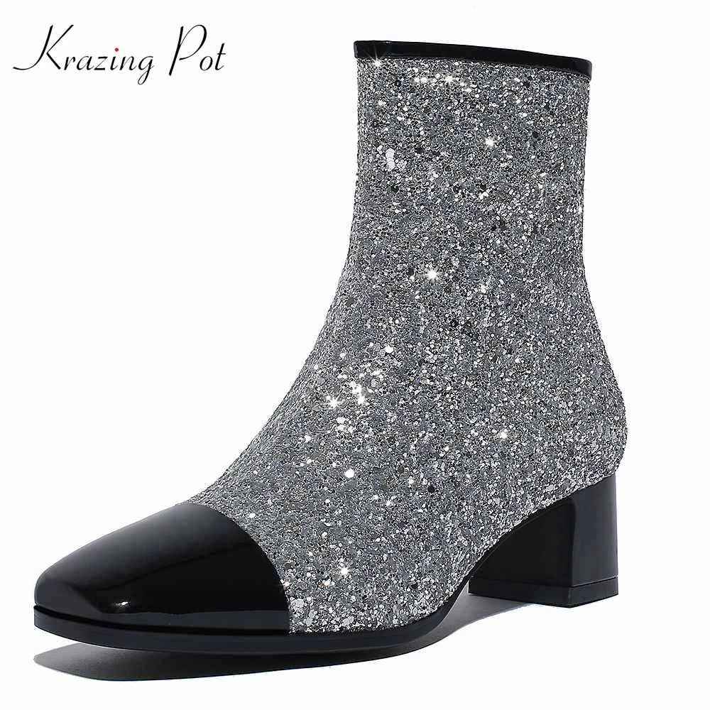

Krazing pot 2019 square toe sequined cloth genuine leather mixed color zip decoration bling British style women ankle boots L25