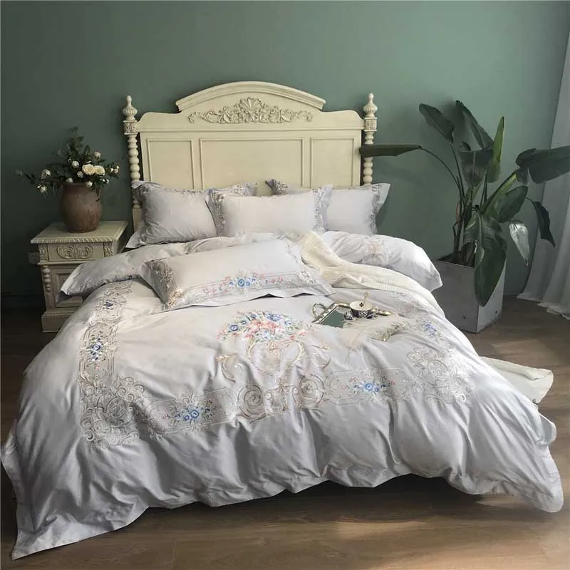 US $330.00 Grey luxury Embroidered 120S Egyptian cotton Royal Bedding sets Queen King Wedding Duvet cover Bed sheet set Pillowcases 4pcs