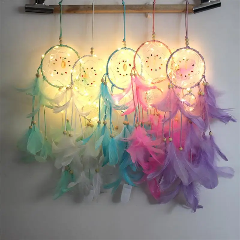 

1PC Indian Dream Catcher Lighting Feather Dreamcatcher With 2M String Light Night Lamp For Baby Bedroom Hanging Decoration