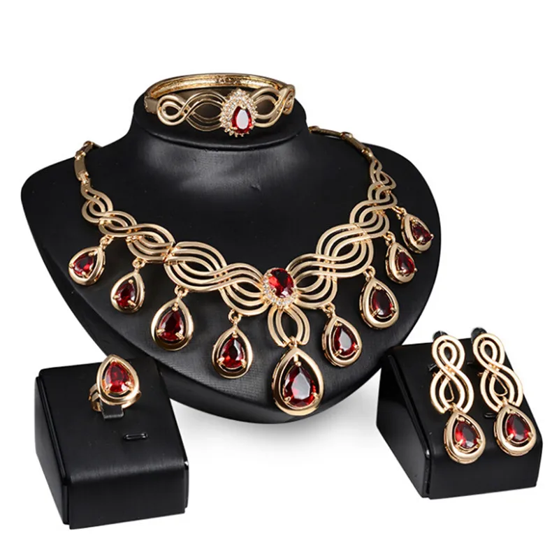 

Red Crystal Antique Bronze Color Jewelry Set Necklace Earrings Bracelet Rings Bridal Wedding Jewelry Sets