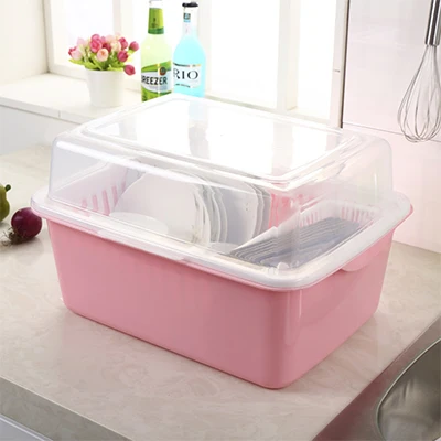 Съемный пылезащитный пластиковый слив с крышкой подставки-держатели для чистки шкафа блюдо чашка Подставка под палочки для еды кухонная полка для хранения - Цвет: Pink