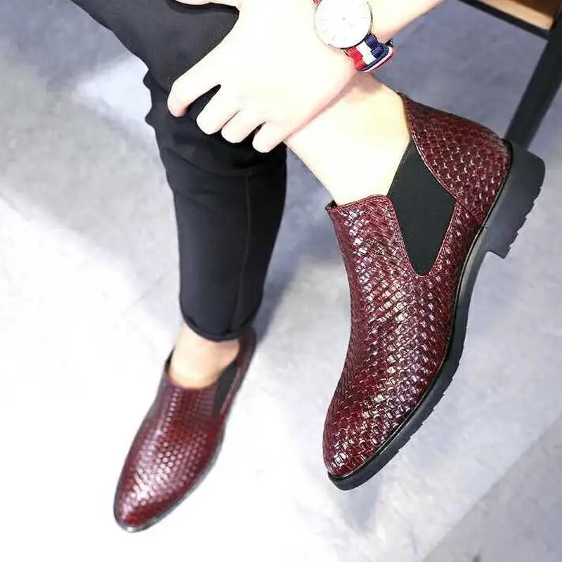 

YEELOCA Spring Summer Mens Woven Single Boots Male Chelsea Boots Men Fashion Ankle Boots Hairstylist Working Shoes Size 38-48