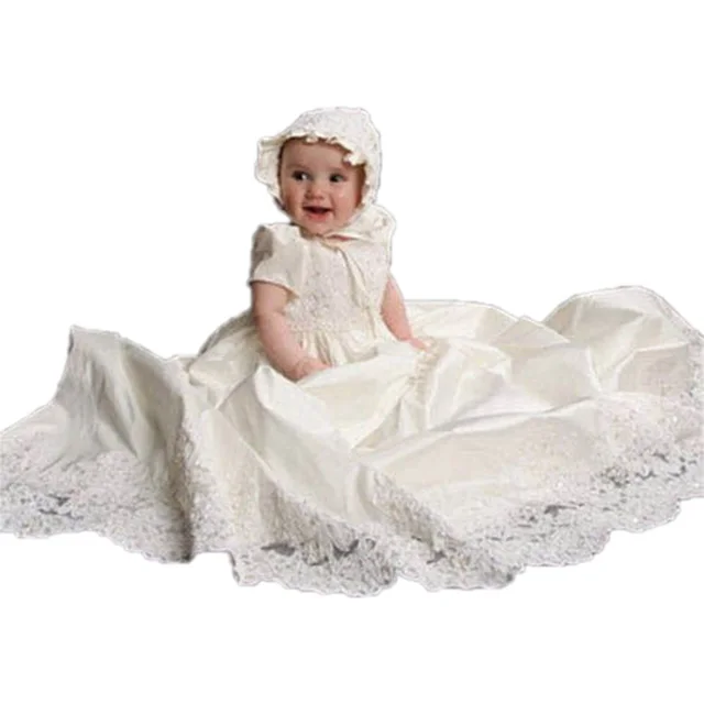Cheap Baby Girl Dress Solid Lace O-Neck A-Line Short Sleeves Puff Sleeve Style Hot sale New arrival 1 Year Birthday Christening Gowns