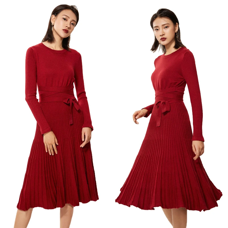 Vestido de 100% de Cachemira de lana, suéter para mujer, Otoño Invierno 2019, vestido plisado punto, estilo inglés, cuello redondo, vestidos largos a rayas de cabra|long dress|sweater dressdress women - AliExpress