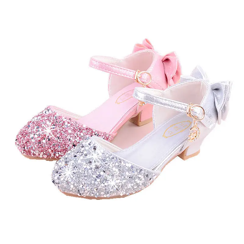Girls Bling Glitter Bowtie Sandals with high-heeled, Kids Princess Dance Performance Summer shoes, silver & Pink, 26-38
