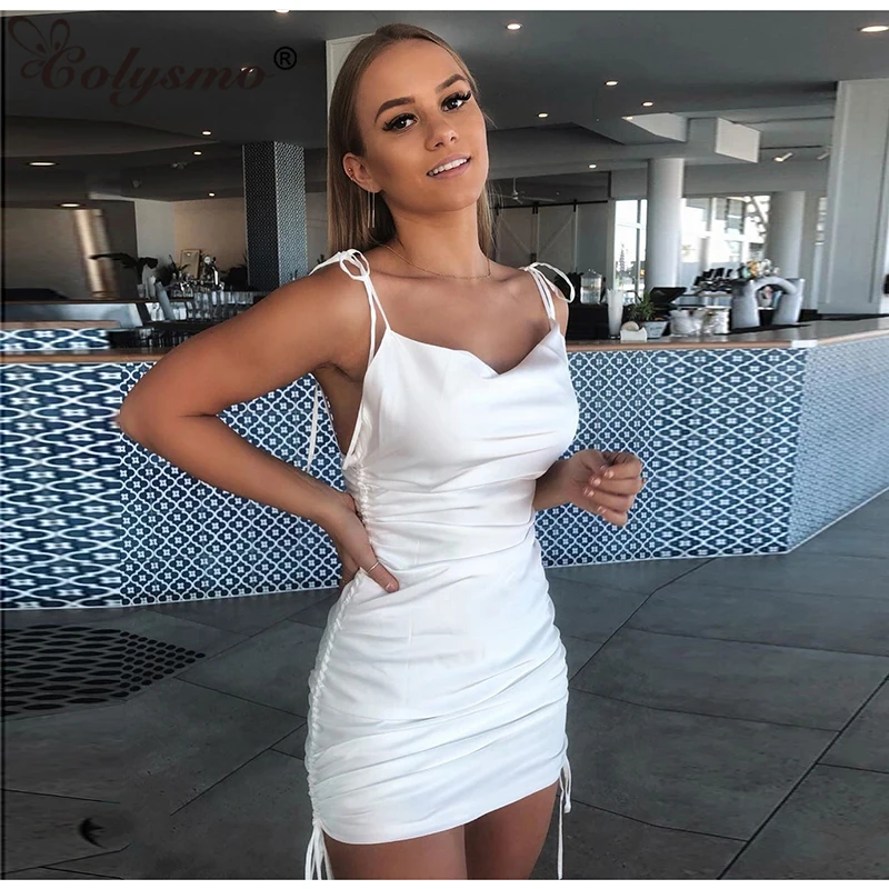 

Colysmo Women Dress 2019 Summer Glossy Elastic Bodycon Dress Elegant Vintage Pleated Mini Party Dress Sexy Backless Pink Vestido