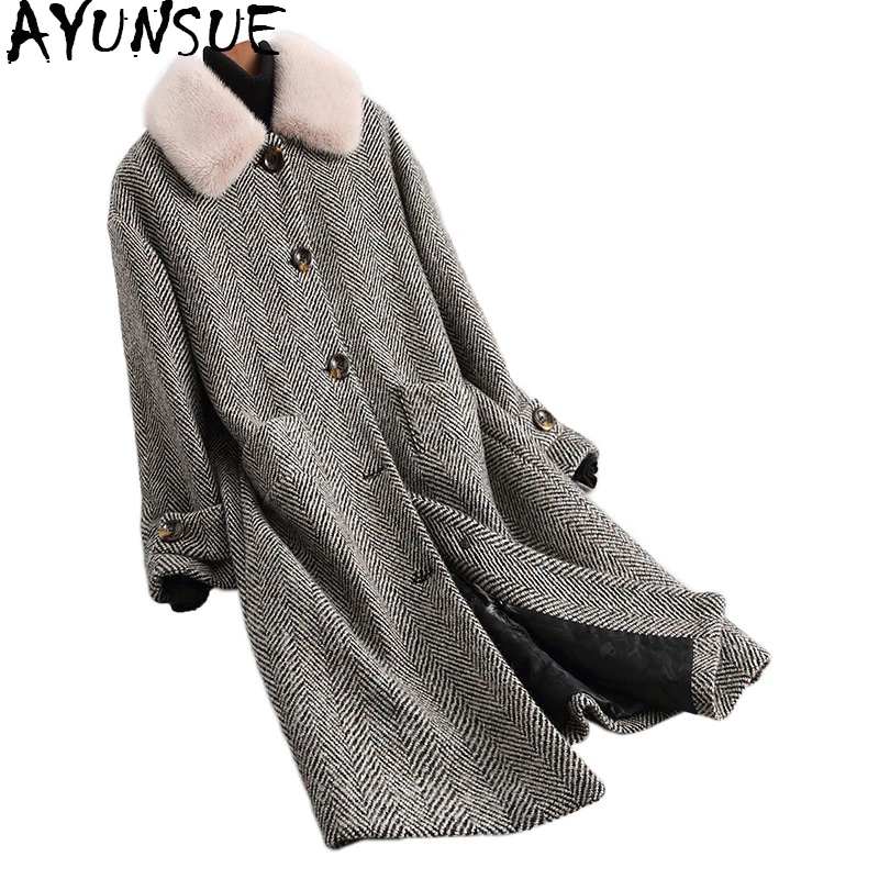 

AYUNSUE Tweed Wool Real Fur Coat Detachable Natural Lamb Fur Liner 2019 Long Winter Jacket Women Mink Fur Collar 18122 WYQ1933