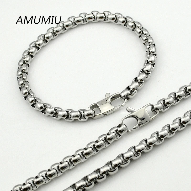 

AMUMIU 2017 New Arrival 8mm Fashion Jewelry Sets 316L Stainless Steel Box Chain Necklace set Bracelet Polished Party KTZ086