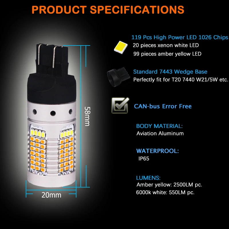 IJDM 7443 Светодиодная CANbus No Hyper Flash canbus Switchback двухцветсветильник светодиодный ная