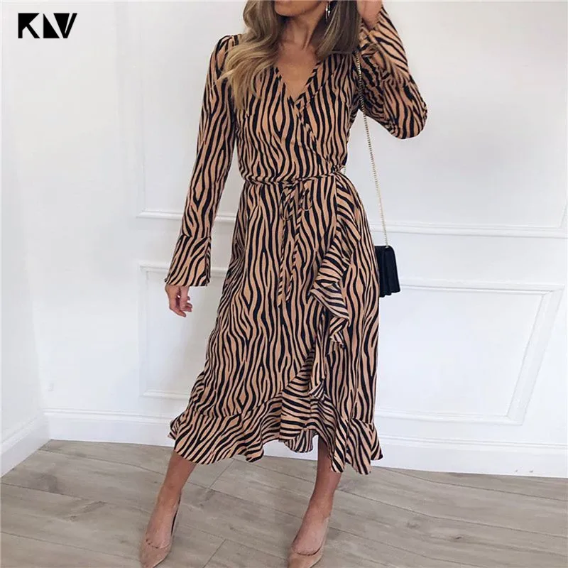 

KLV Chiffon Long Flare Sleeve Vintage Zebra Vertical Stripes Cross Wrap V-Neck Belted Empire Waist Asymmetric Beach Dress